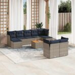 10-teiliges Gartensofa-Set mit Kissen, grau, Polyrattan