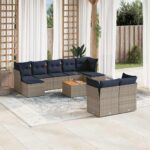 10-teiliges Gartensofa-Set mit Kissen, grau, Polyrattan
