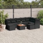 10-tlg. Garten-Sofagarnitur mit Kissen Schwarz Poly Rattan