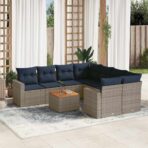 9-tlg. Garten-Sofagarnitur mit Kissen Grau Poly Rattan