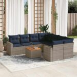 9-tlg. Garten-Sofagarnitur mit Kissen Grau Poly Rattan