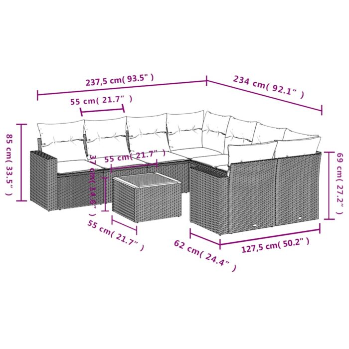 9-tlg. Garten-Sofagarnitur mit Kissen Grau Poly Rattan – Bild 12