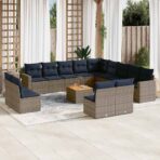14-tlg. Garten-Sofagarnitur mit Kissen Grau Poly Rattan