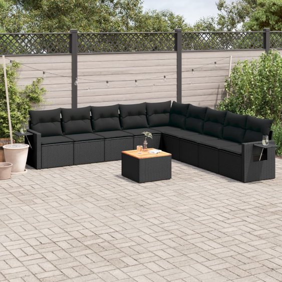 3256937_1.jpg 10-tlg. Garten-Sofagarnitur mit Kissen Schwarz Poly Rattan – Bild 1