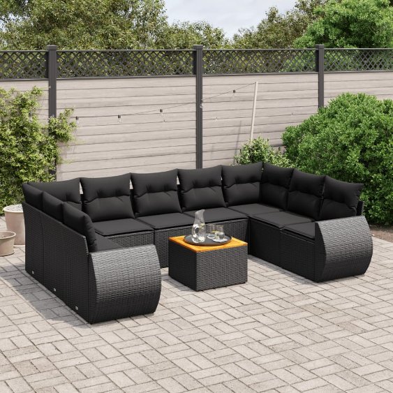 3257476_1.jpg 10-tlg. Garten-Sofagarnitur mit Kissen Schwarz Poly Rattan – Bild 1