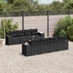 9-tlg. Garten-Sofagarnitur mit Kissen Schwarz Poly Rattan