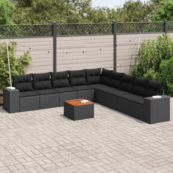 3257819_1.jpg 10-tlg. Garten-Sofagarnitur mit Kissen Schwarz Poly Rattan – Bild 1