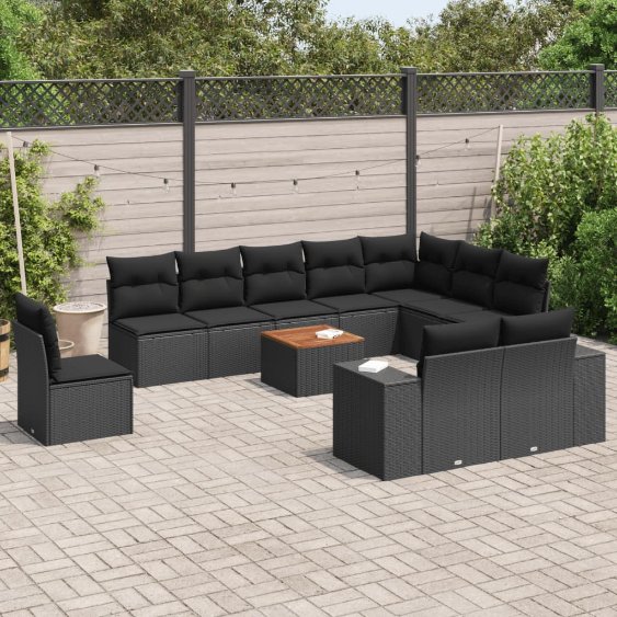 3257826_1.jpg 11-tlg. Garten-Sofagarnitur mit Kissen Schwarz Poly Rattan – Bild 1