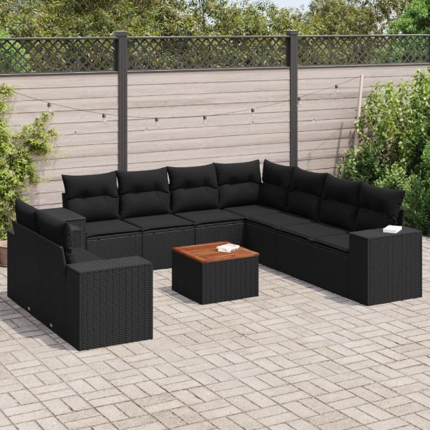 3257840_1.jpg 10-tlg. Garten-Sofagarnitur mit Kissen Schwarz Poly Rattan – Bild 1