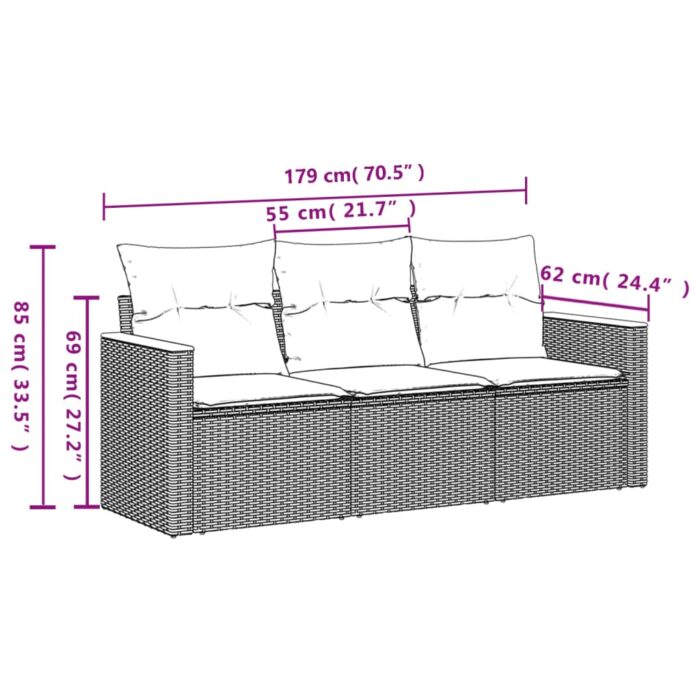 3-tlg. Garten-Sofagarnitur mit Kissen Schwarz Poly Rattan – Bild 3
