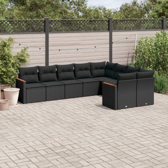 3258702_1.jpg 9-tlg. Garten-Sofagarnitur mit Kissen Schwarz Poly Rattan – Bild 1