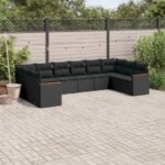 10-tlg. Garten-Sofagarnitur mit Kissen Schwarz Poly Rattan