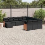 12-tlg. Garten-Sofagarnitur mit Kissen Schwarz Poly Rattan