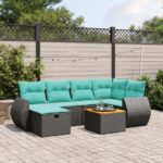 7-tlg. Garten-Sofagarnitur mit Kissen Schwarz Poly Rattan