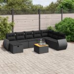 9-tlg. Garten-Sofagarnitur mit Kissen Schwarz Poly Rattan