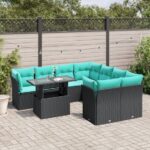 9-teiliges Gartensofa-Set mit Kissen, schwarzes Polyrattan