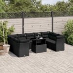 10-tlg. Garten-Sofagarnitur mit Kissen Schwarz Poly Rattan