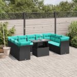 10-teiliges Gartensofa-Set mit Kissen, schwarzes Polyrattan