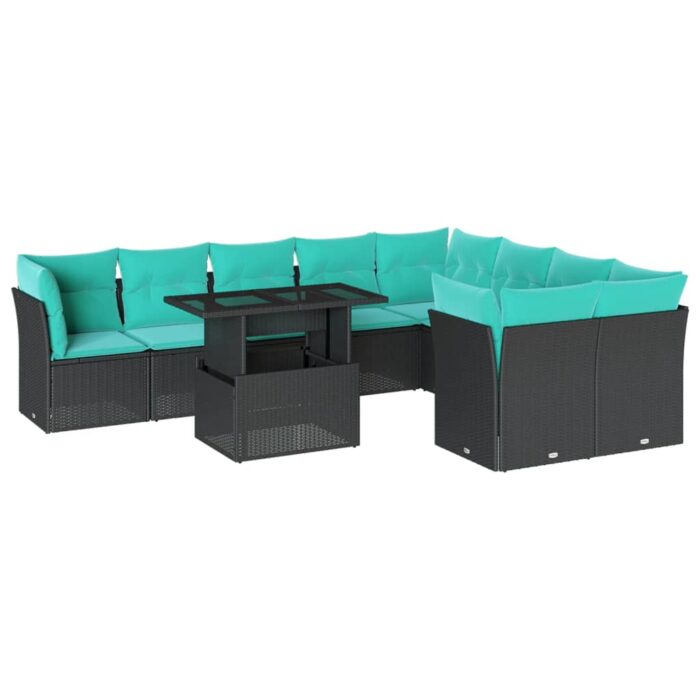 10-teiliges Gartensofa-Set mit Kissen, schwarzes Polyrattan – Bild 2