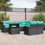 9-teiliges Gartensofa-Set mit Kissen, schwarzes Polyrattan