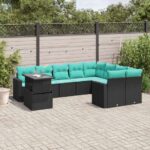 10-teiliges Gartensofa-Set mit Kissen, schwarzes Polyrattan