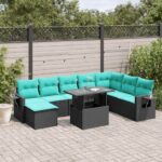 9-teiliges Gartensofa-Set mit Kissen, schwarzes Polyrattan
