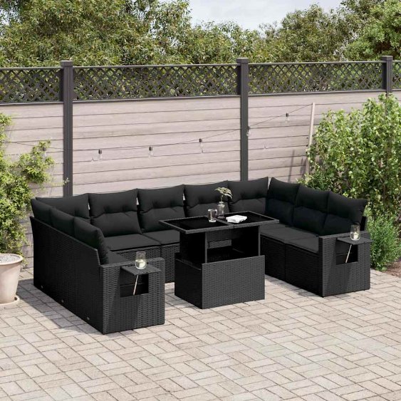 3268105_1.jpg 10-tlg. Garten-Sofagarnitur mit Kissen Schwarz Poly Rattan – Bild 1