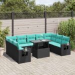 10-teiliges Gartensofa-Set mit Kissen, schwarzes Polyrattan