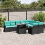 10-teiliges Gartensofa-Set mit Kissen, schwarzes Polyrattan