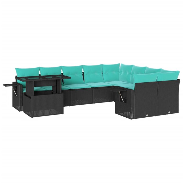 10-teiliges Gartensofa-Set mit Kissen, schwarzes Polyrattan – Bild 2