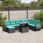 9-teiliges Gartensofa-Set mit Kissen, schwarzes Polyrattan