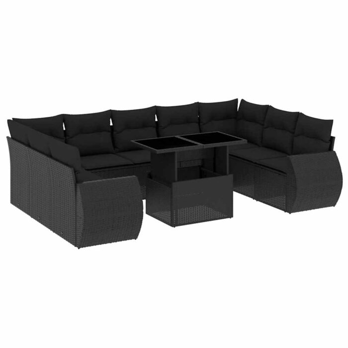 10-tlg. Garten-Sofagarnitur mit Kissen Schwarz Poly Rattan – Bild 2