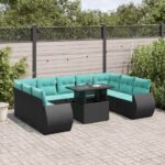 10-teiliges Gartensofa-Set mit Kissen, schwarzes Polyrattan