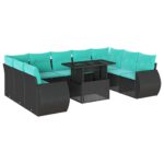 10-teiliges Gartensofa-Set mit Kissen, schwarzes Polyrattan – Bild 2