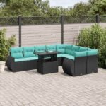 10-teiliges Gartensofa-Set mit Kissen, schwarzes Polyrattan