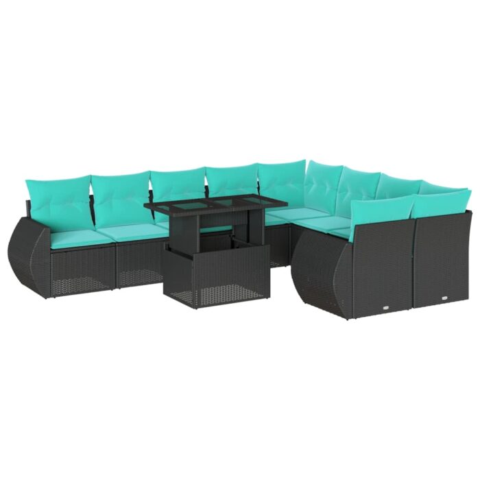 10-teiliges Gartensofa-Set mit Kissen, schwarzes Polyrattan – Bild 2