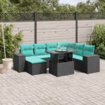 8-teiliges Gartensofa-Set mit Kissen, schwarzes Polyrattan