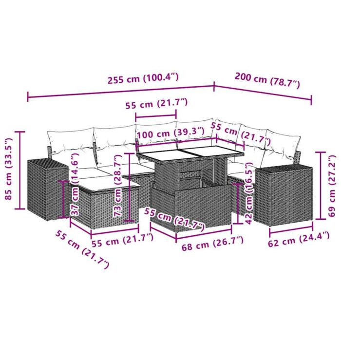 8-teiliges Gartensofa-Set mit Kissen, schwarzes Polyrattan – Bild 11