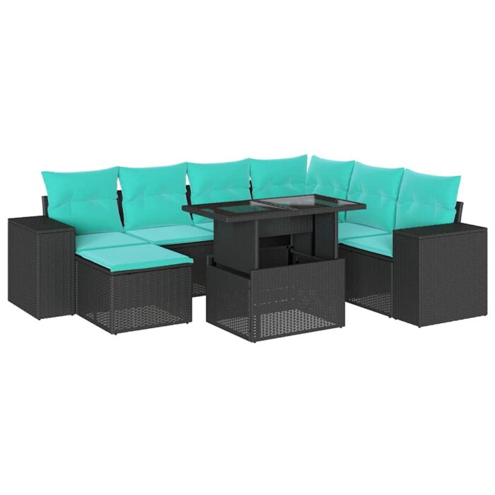 8-teiliges Gartensofa-Set mit Kissen, schwarzes Polyrattan – Bild 2