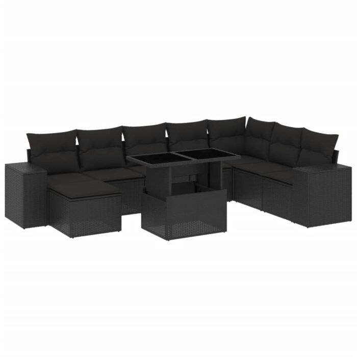 9-tlg. Garten-Sofagarnitur mit Kissen Schwarz Poly Rattan – Bild 2