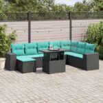 9-teiliges Gartensofa-Set mit Kissen, schwarzes Polyrattan