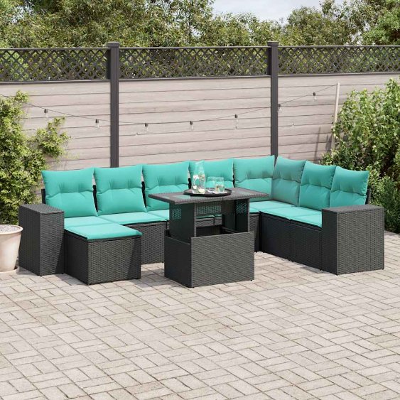 3269357_1.jpg 9-teiliges Gartensofa-Set mit Kissen, schwarzes Polyrattan – Bild 1