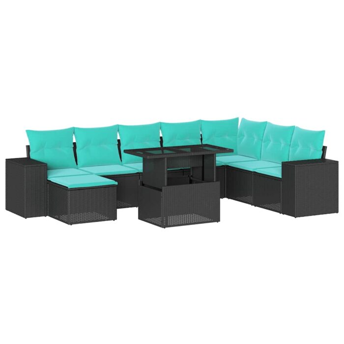9-teiliges Gartensofa-Set mit Kissen, schwarzes Polyrattan – Bild 2