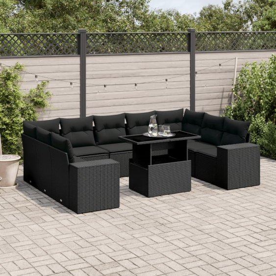 3269365_1.jpg 10-tlg. Garten-Sofagarnitur mit Kissen Schwarz Poly Rattan – Bild 1