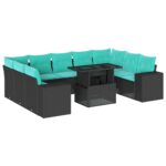 10-teiliges Gartensofa-Set mit Kissen, schwarzes Polyrattan – Bild 2