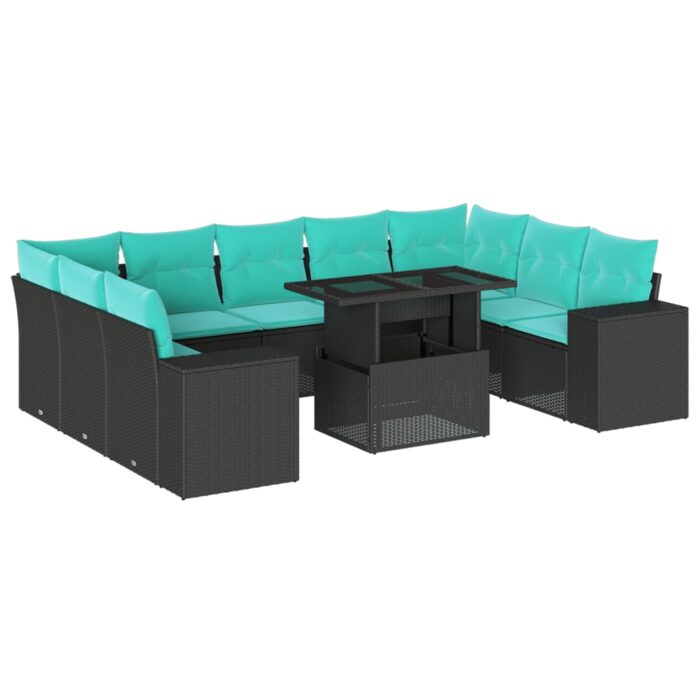 10-teiliges Gartensofa-Set mit Kissen, schwarzes Polyrattan – Bild 2