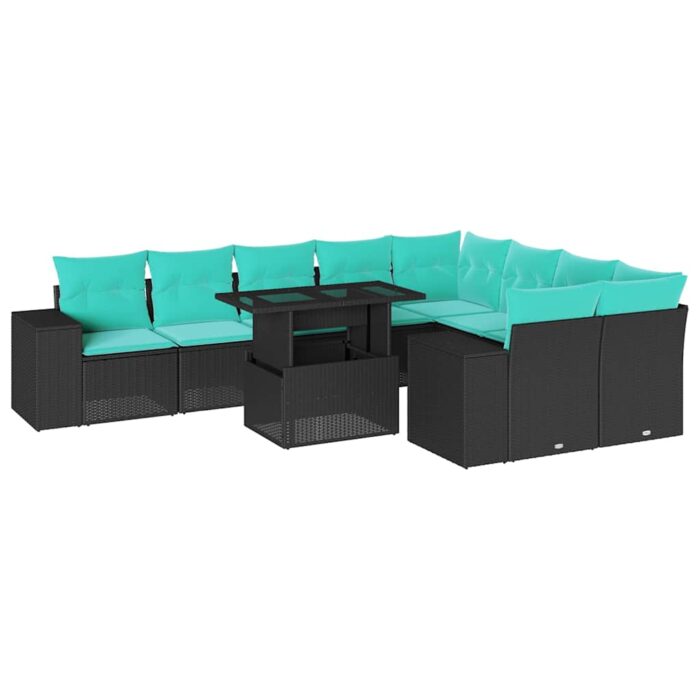 10-teiliges Gartensofa-Set mit Kissen, schwarzes Polyrattan – Bild 2