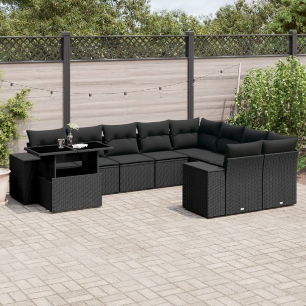 3269395_1.jpg 10-tlg. Garten-Sofagarnitur mit Kissen Schwarz Poly Rattan – Bild 1