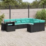 10-teiliges Gartensofa-Set mit Kissen, schwarzes Polyrattan