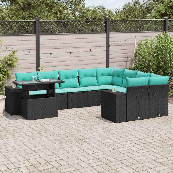 3269397_1.jpg 10-teiliges Gartensofa-Set mit Kissen, schwarzes Polyrattan – Bild 1